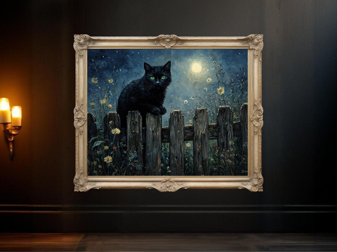 Black Cat On Fence, Moonlit Night Landscape