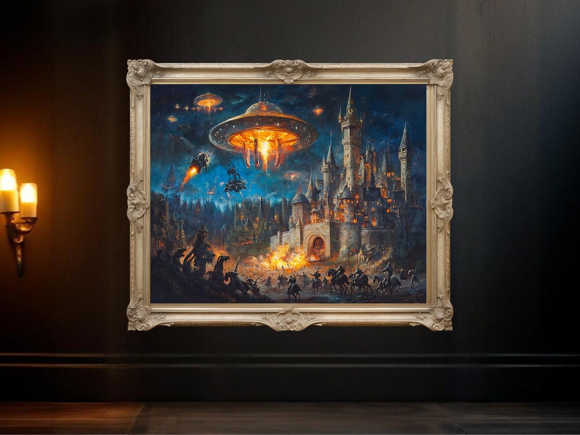 Fantasy Castle Battle Scene With UFOs, Art Print