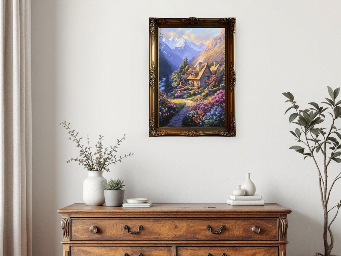 Enchanting Cottage In Bloom, Mountain Landscape Print - Image 3