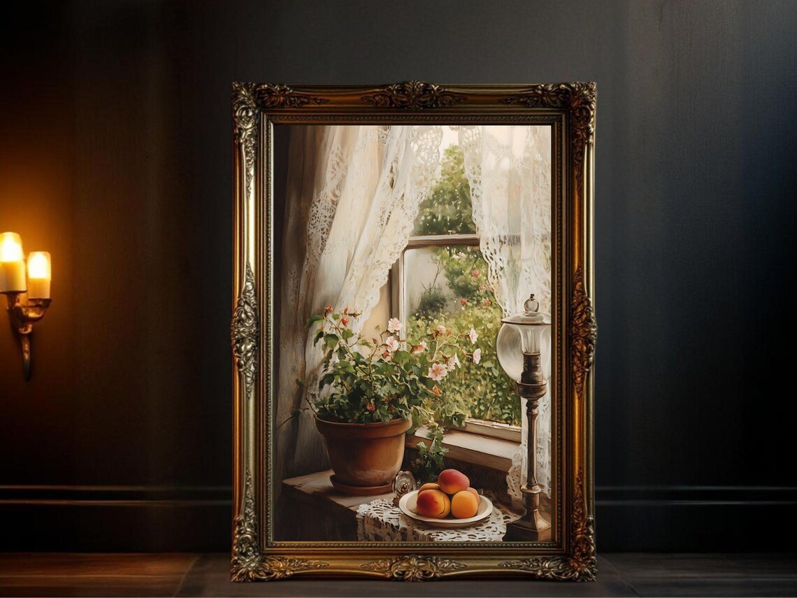 Charming Cottage Kitchen Scene, Vintage Oil Painting
