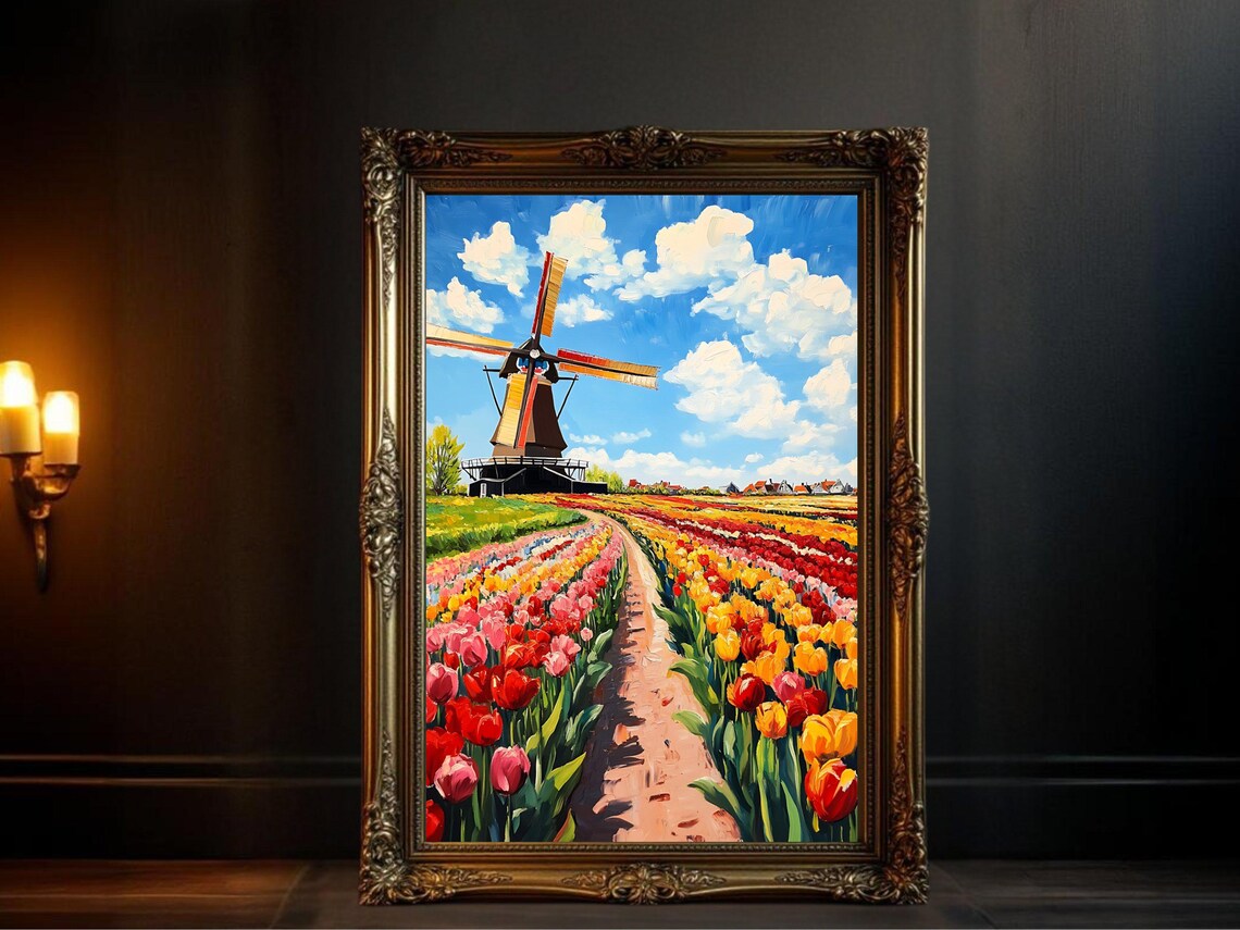 Dutch Windmill Tulip Fields, Floral Landscape Print