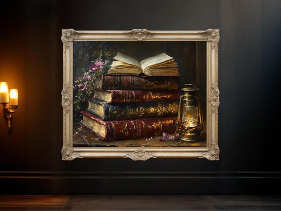 Vintage Book Stack With Antique Lantern And Flowers