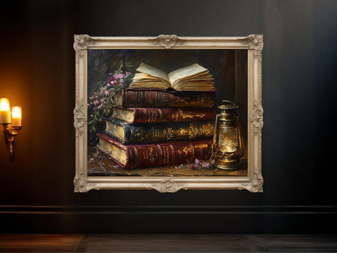 Vintage Book Stack With Antique Lantern And Flowers