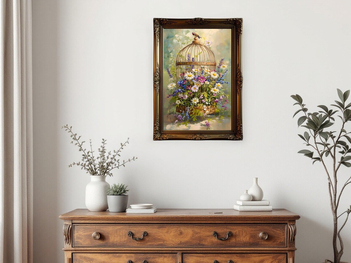 Floral Birdcage Vintage Oil Painting, Birdcage Art Print - Image 3