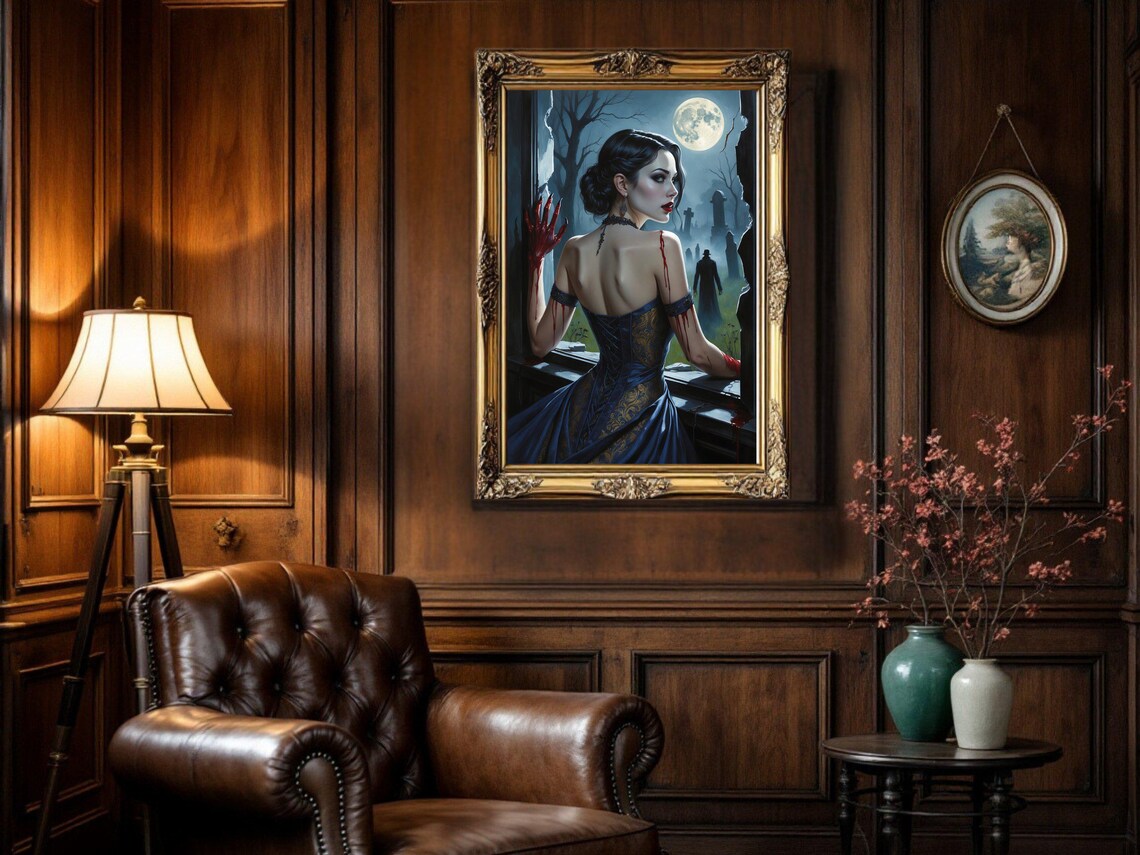 Gothic Vampire Lady Painting, Moonlit Night Cemetery - Image 3