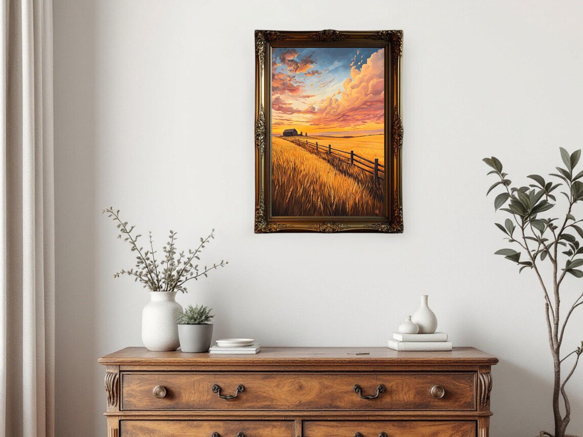 Sunset Over Wheat Field, Rustic Landscape Art Print - Image 2