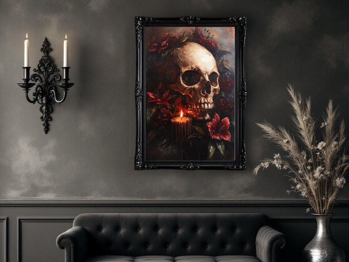 Gothic Skull Art Print, Dark Floral Skull Decor - Image 2
