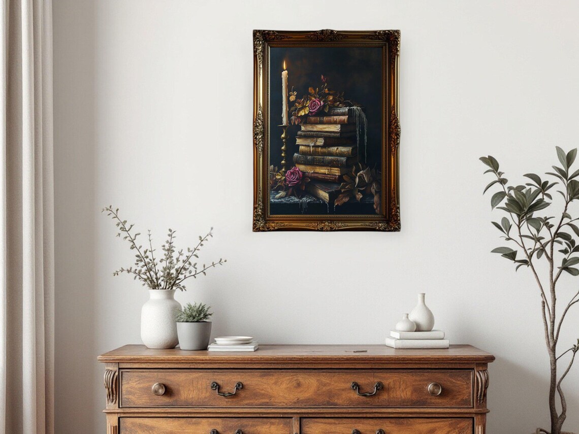 Vintage Book Stack, Candlelit Still Life Poster - Image 3