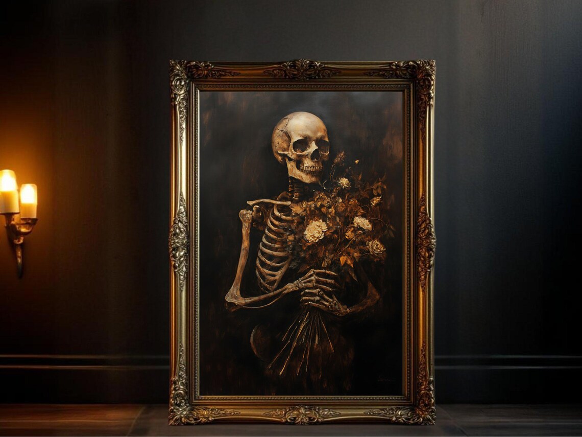 Skeleton Holding Flowers, Gothic Dark Academia Art Print