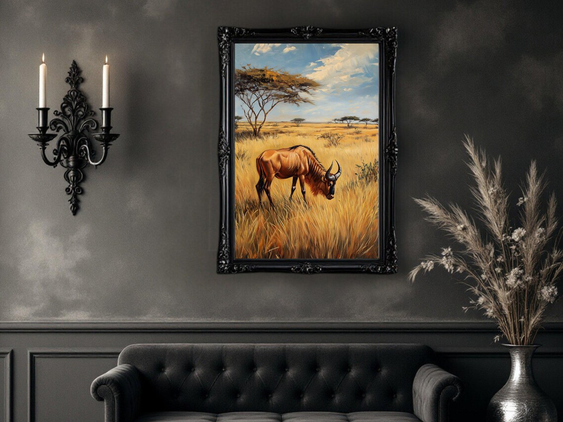 African Savanna Wildlife, Wildebeest Safari Scene Art Print - Image 3