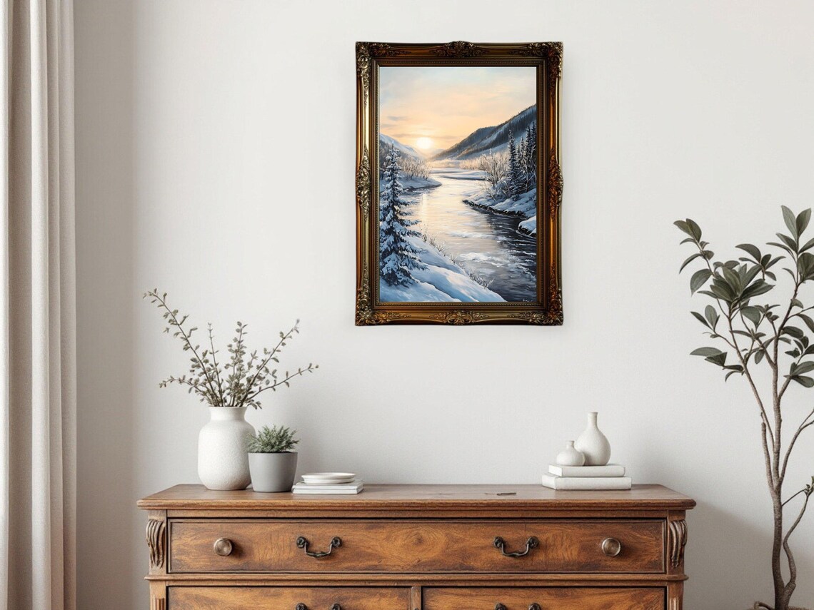 Winter Landscape Art Print, Snowy Mountain River - Image 2