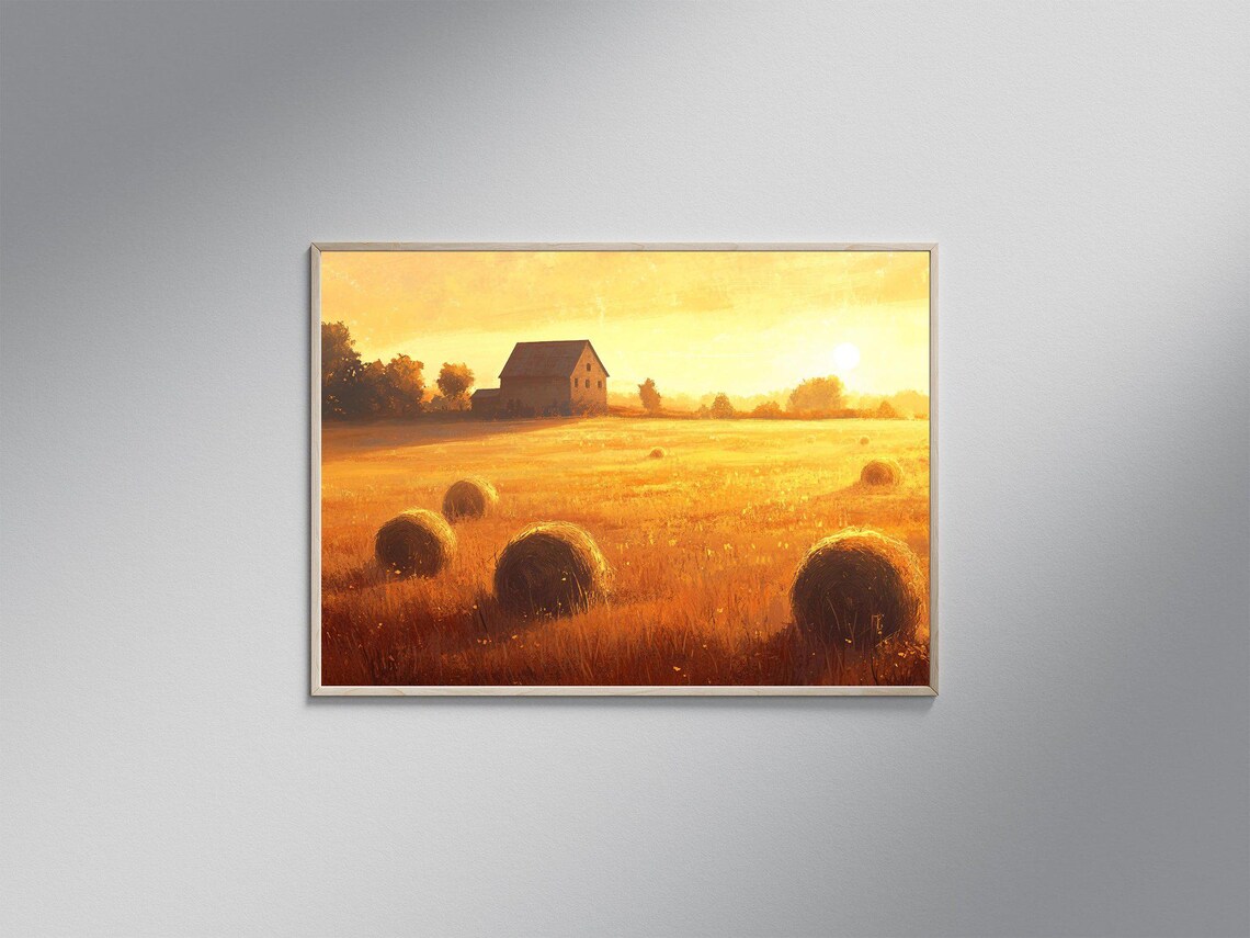 Rustic Farmhouse Landscape Art Print, Sunset Fields