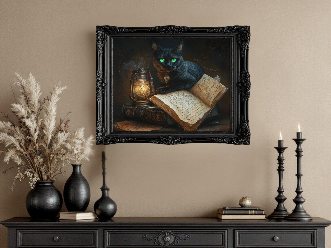 Mystical Black Cat With Green Eyes, Vintage Dark Fantasy Art Print - Image 3