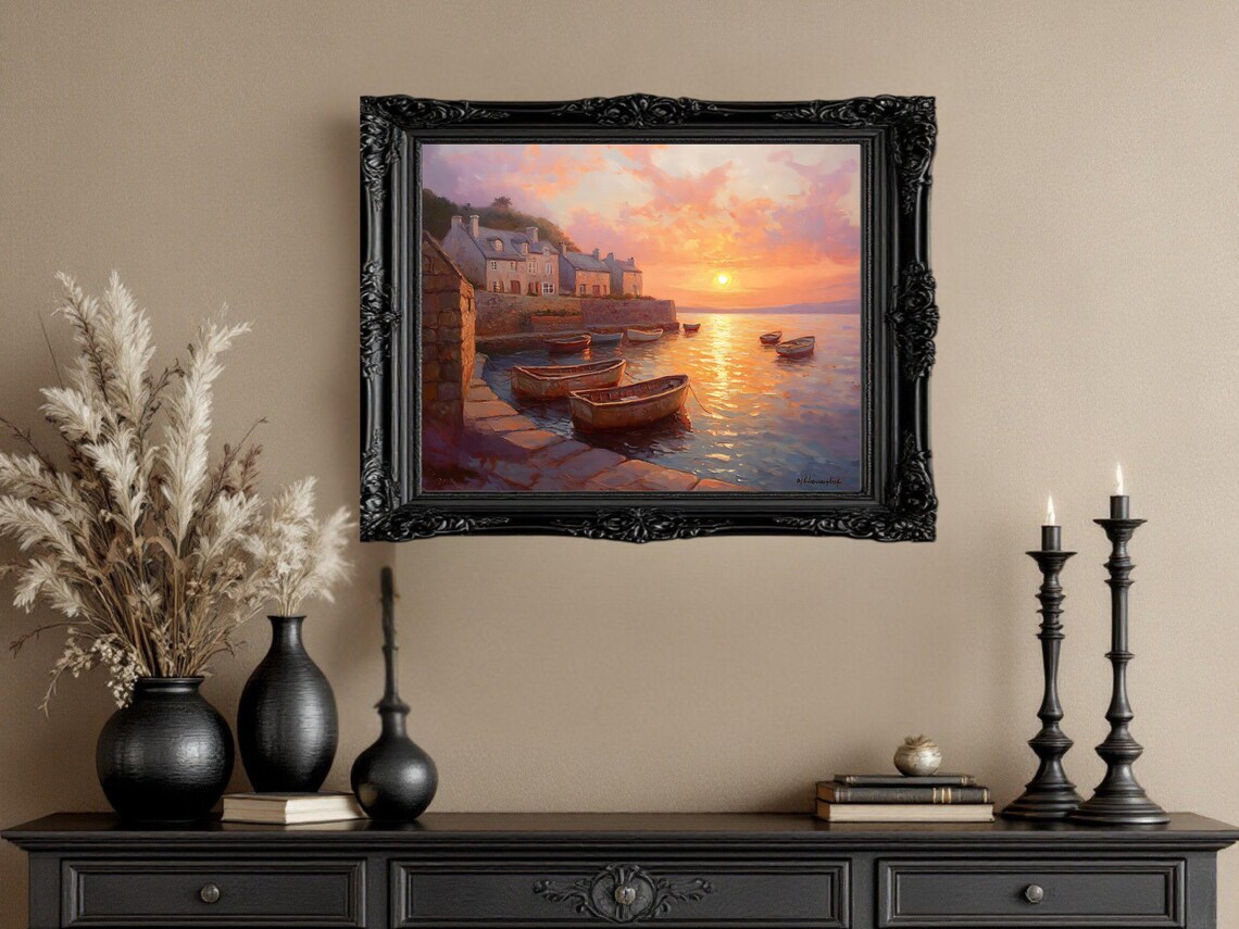 Seaside Sunset Painting, Tranquil Harbor Landscape - Image 2