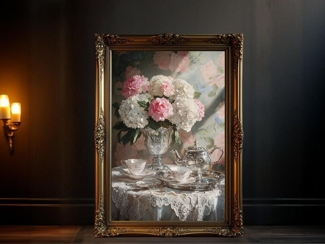 Vintage Floral Tea Setting, Classic Still Life Art Print