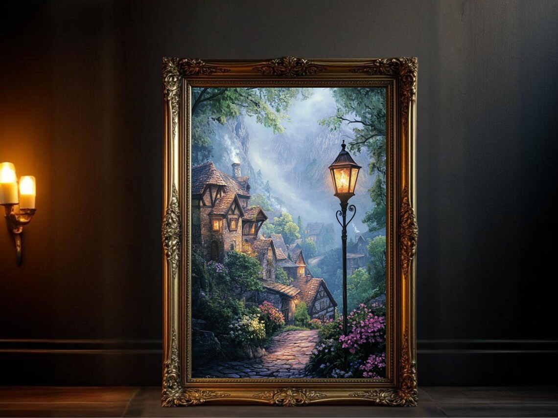 Cozy Mountain Village, Rustic Landscape Art Print