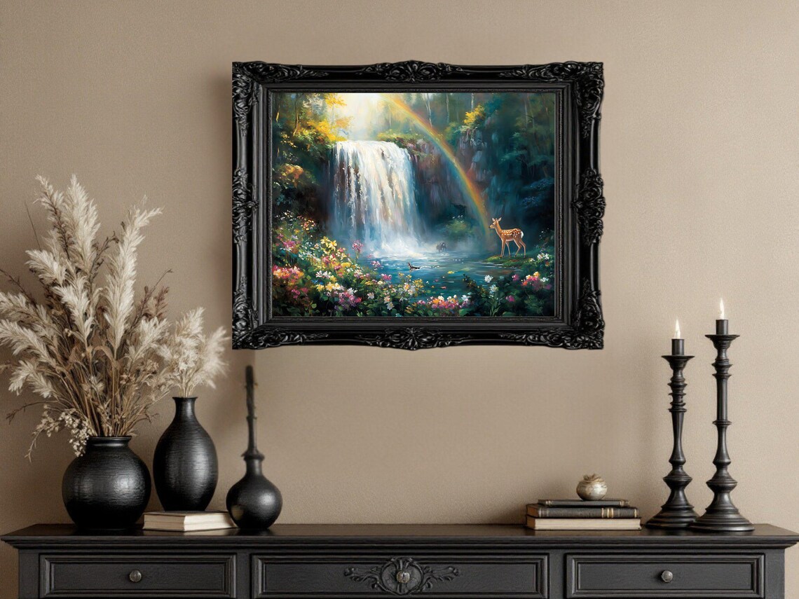 Waterfall Nature Scene With Deer And Rainbow, Poster - Image 2