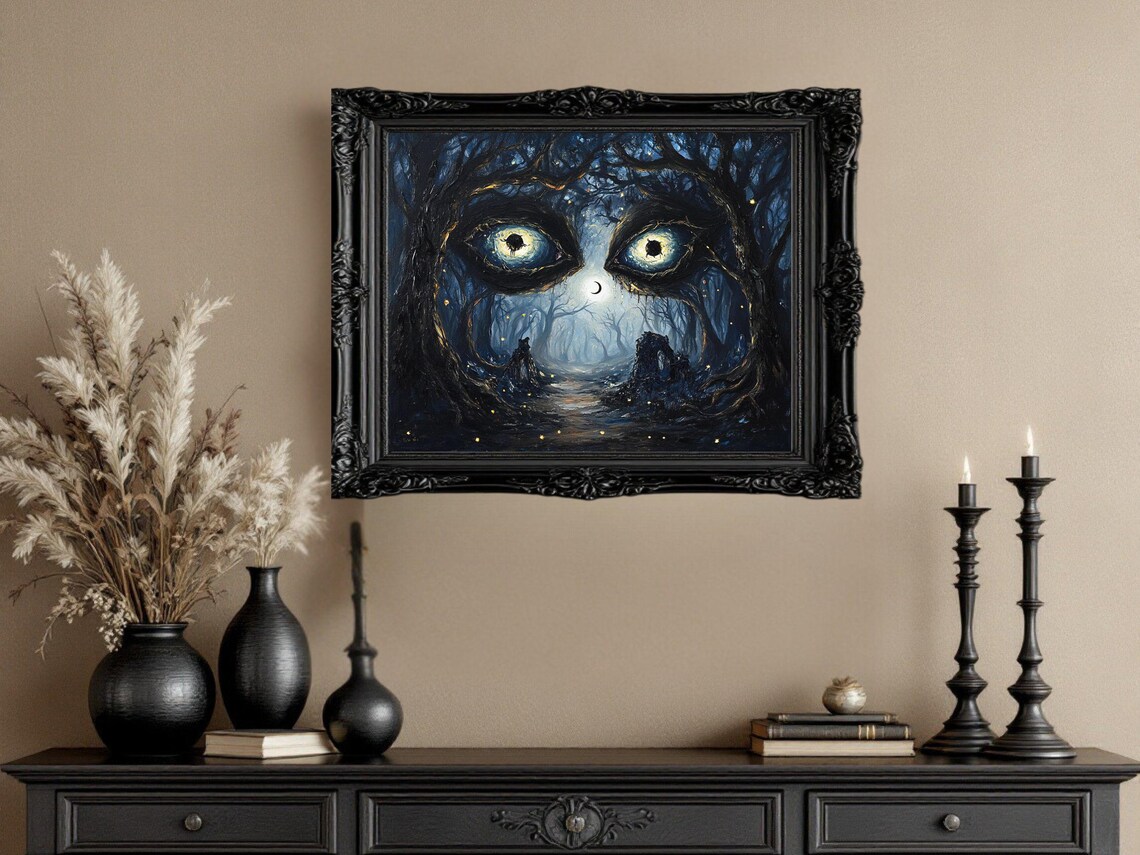 Mystical Forest Eyes, Enchanted Night Landscape Art Print - Image 3