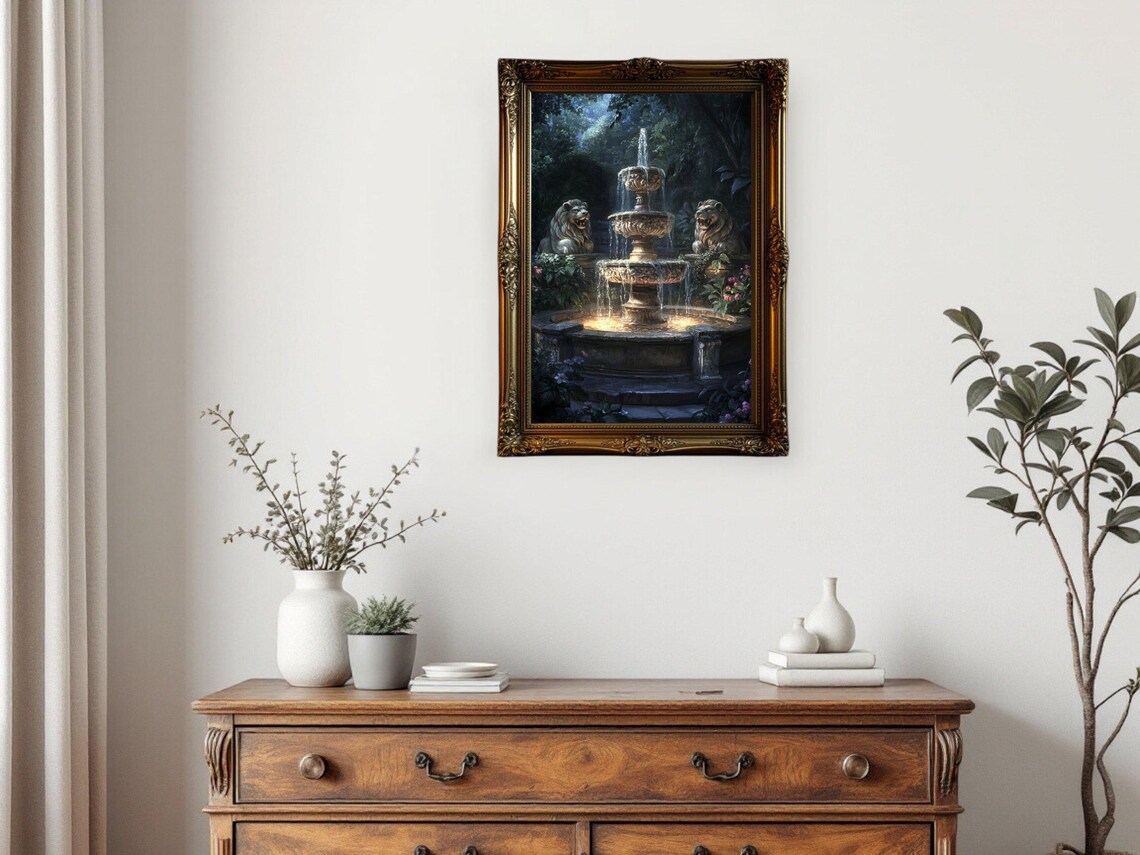 Lion Fountain, Elegant Nature Scene Art Print - Image 3