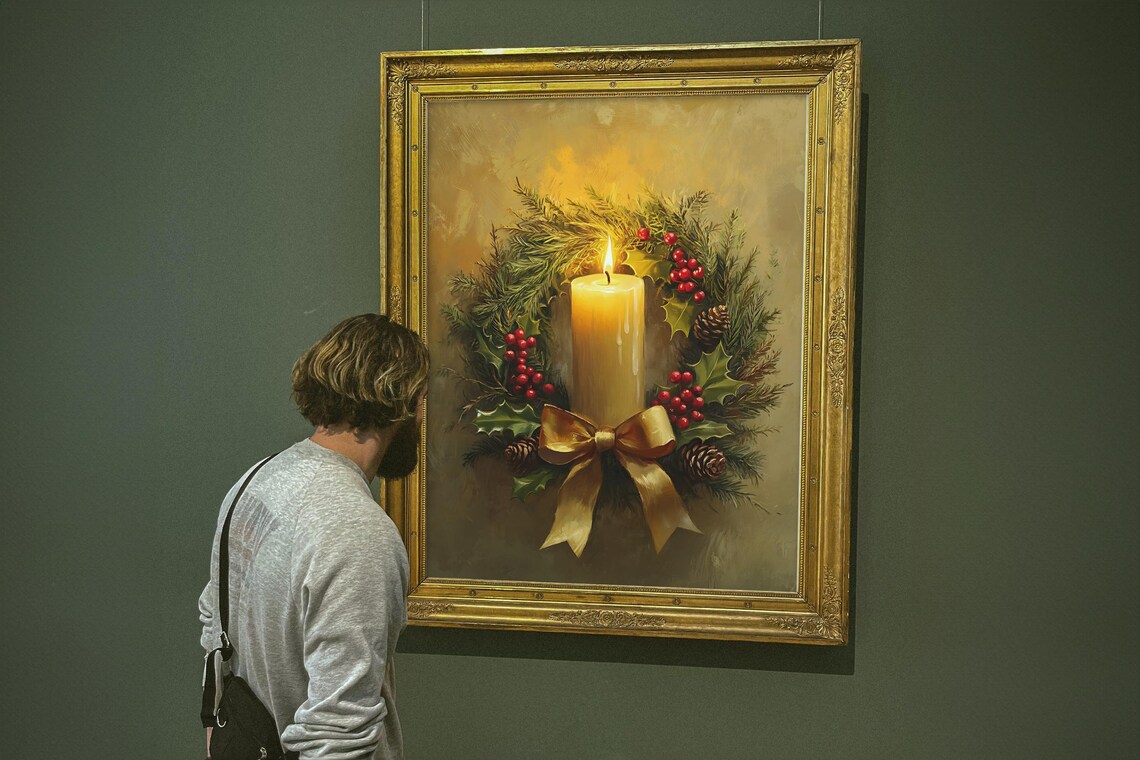 Rustic Christmas Candle Wreath, Vintage Holiday Art - Image 2