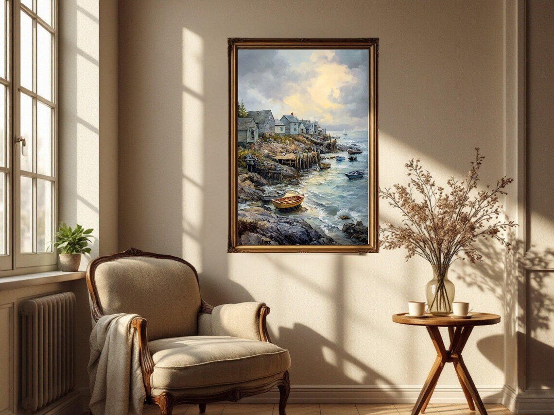 Coastal Village, Ocean Harbor Landscape Painting - Image 3
