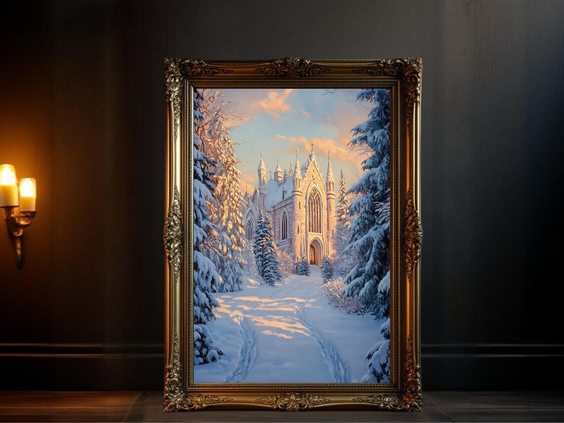 Winter Castle Painting, Snowy Church Scene