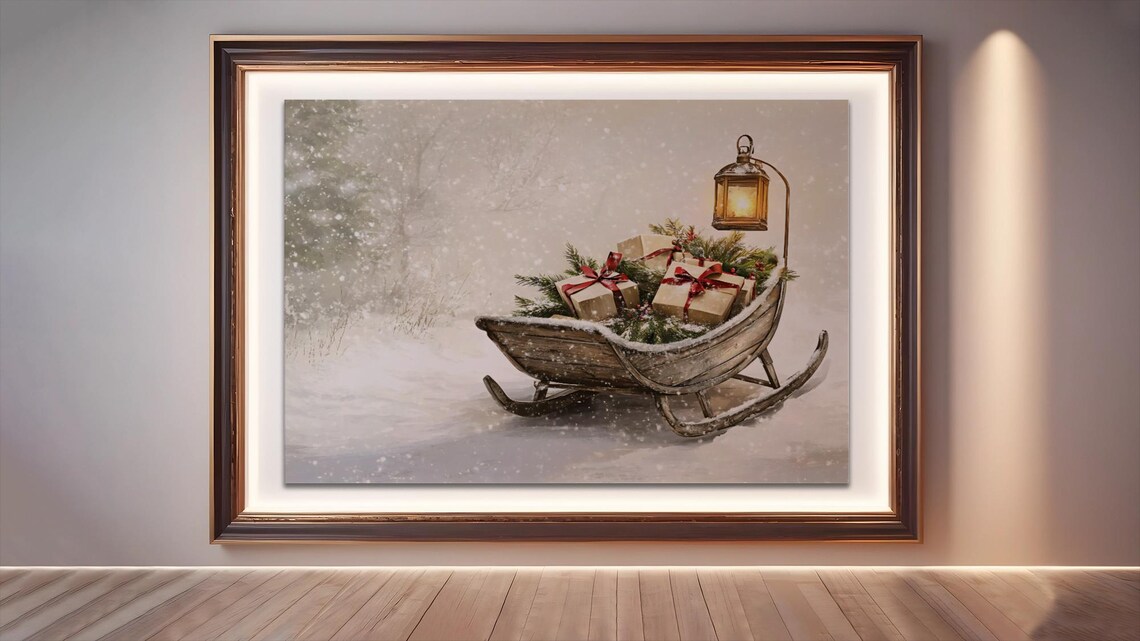 Rustic Sleigh With Gifts Christmas Art Print - Image 2