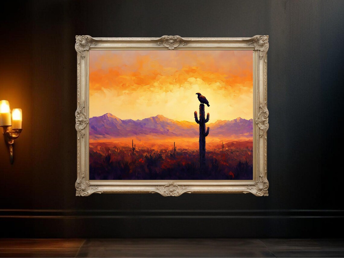Southwestern Desert Sunset With Eagle, Desert Landscape