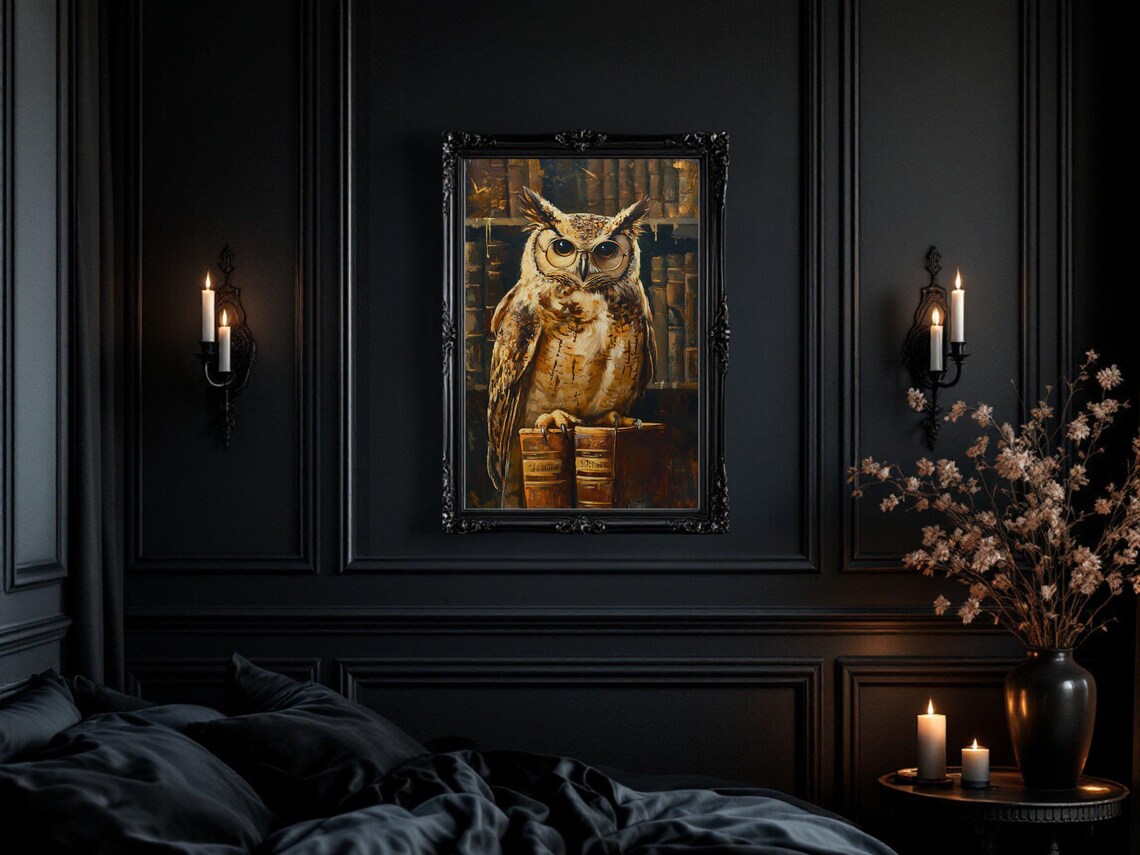 Enchanting Owl Vintage Painting, Rustic Library Decor - Image 2