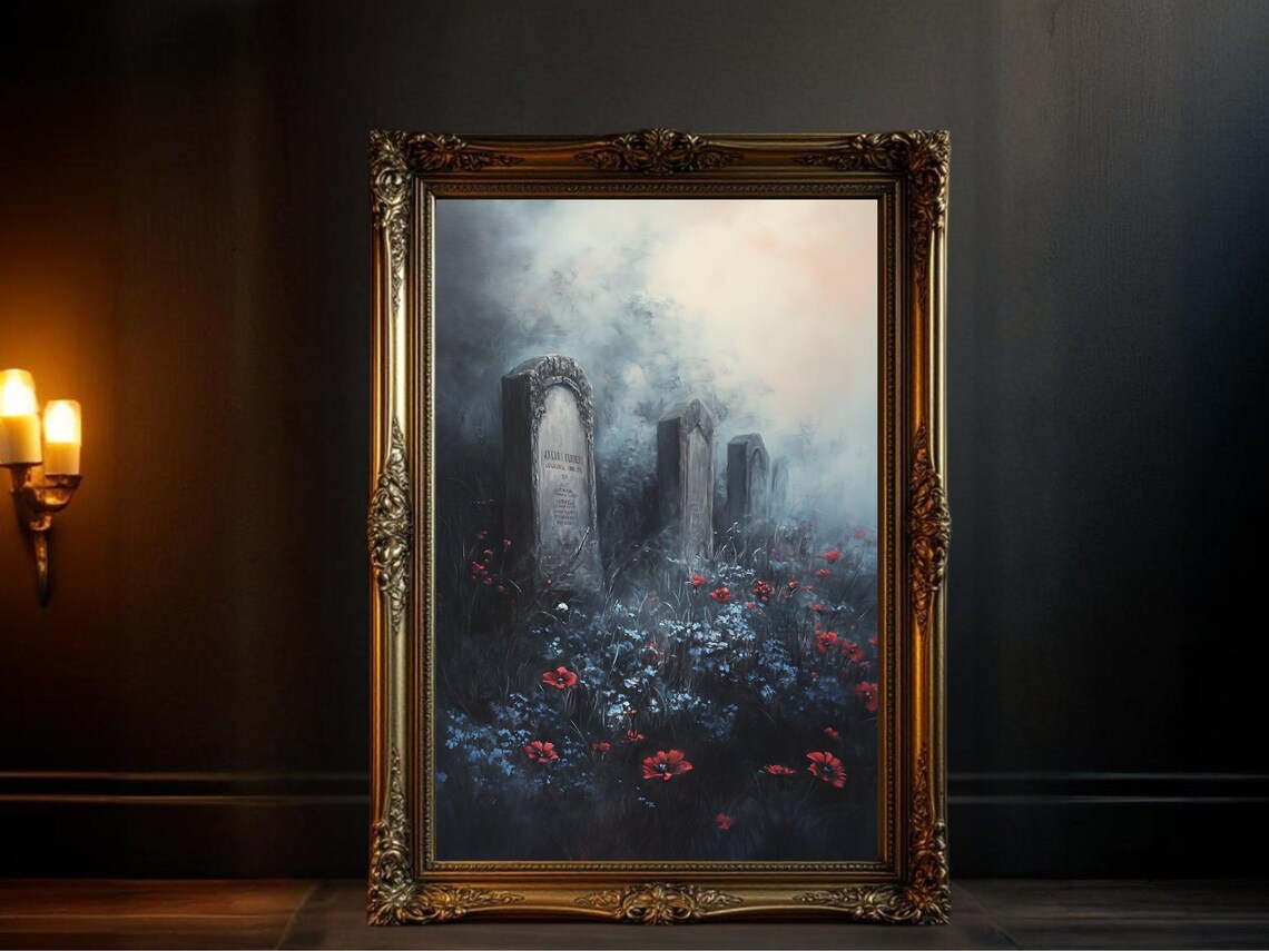 Haunting Cemetery Scene, Gothic Foggy Landscape Art Print