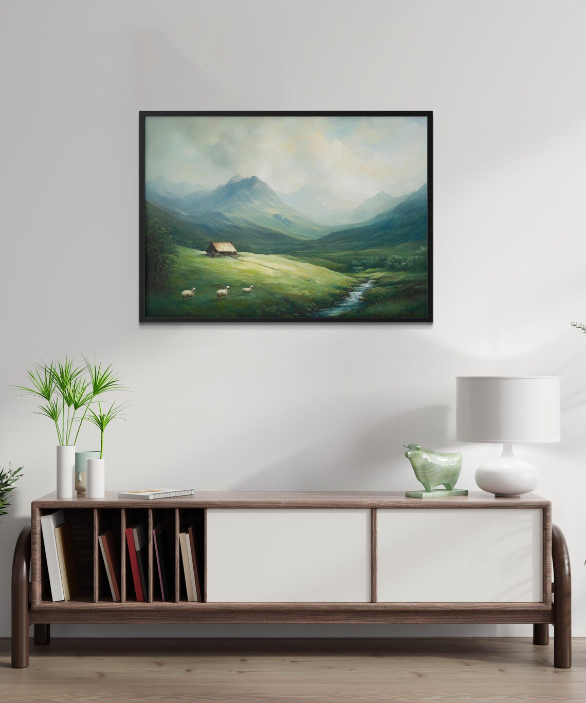 Serene Mountain Landscape, Rustic Cabin With Sheep - Image 2