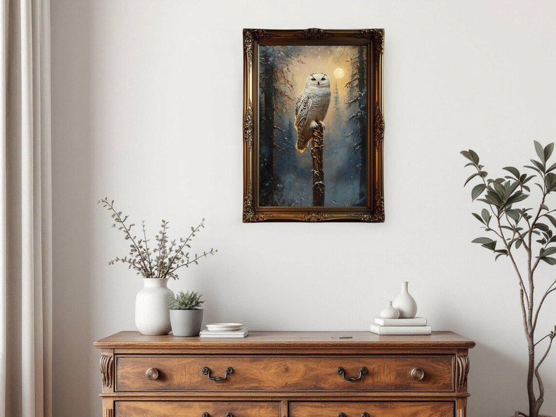 Snowy Owl Poster, Winter Forest Moonlit Night Scene - Image 3