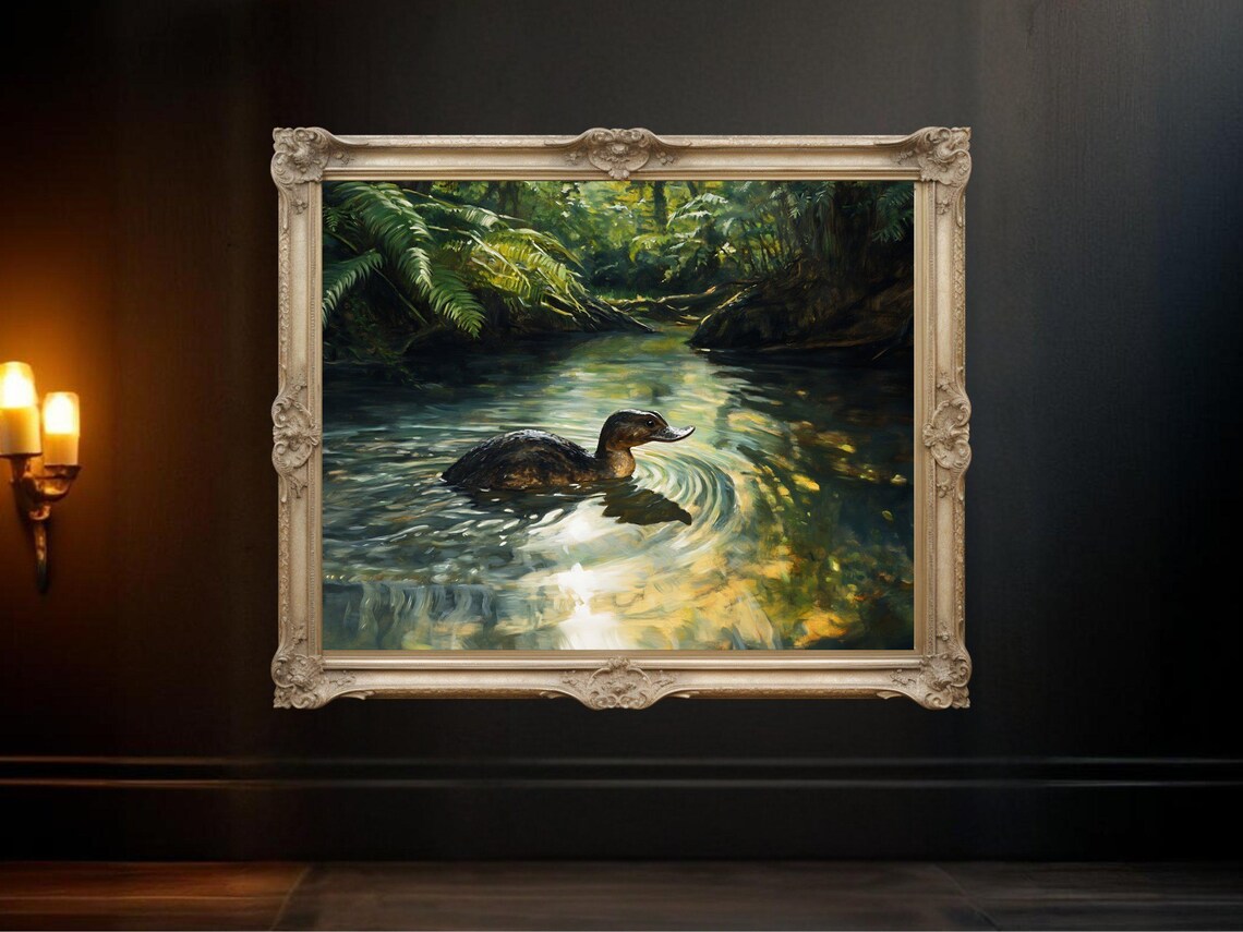 Duck In Forest Stream Rustic Wildlife Art Print