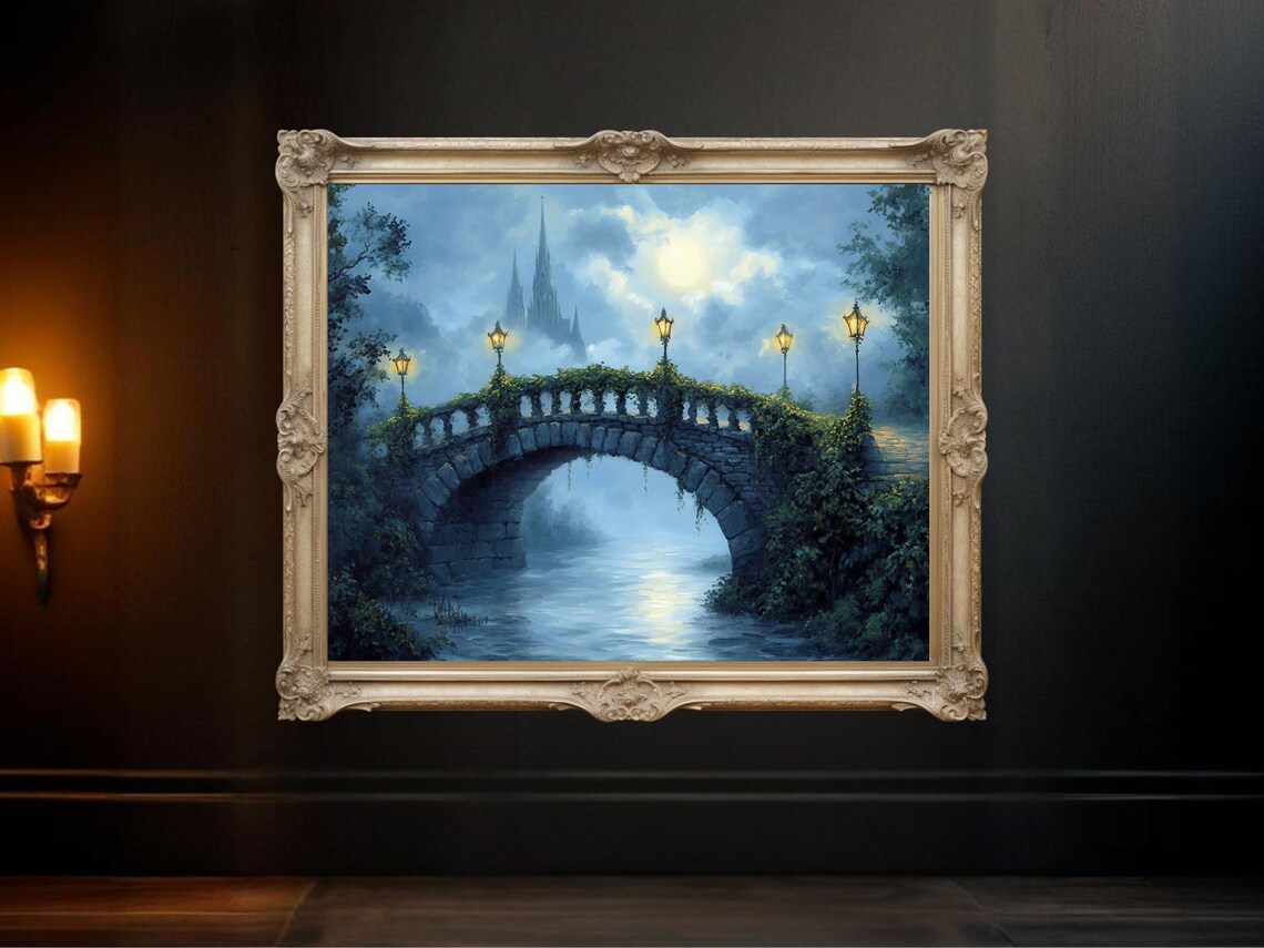 Dreamy Castle Bridge Misty Night Landscape Art Print
