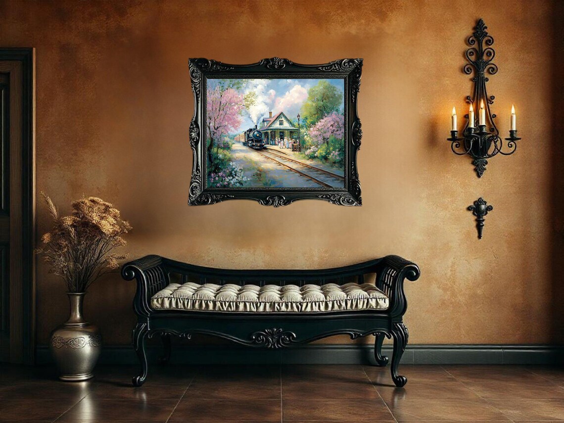 Vintage Train Station Landscape, Antique Railway Artwork - Image 3