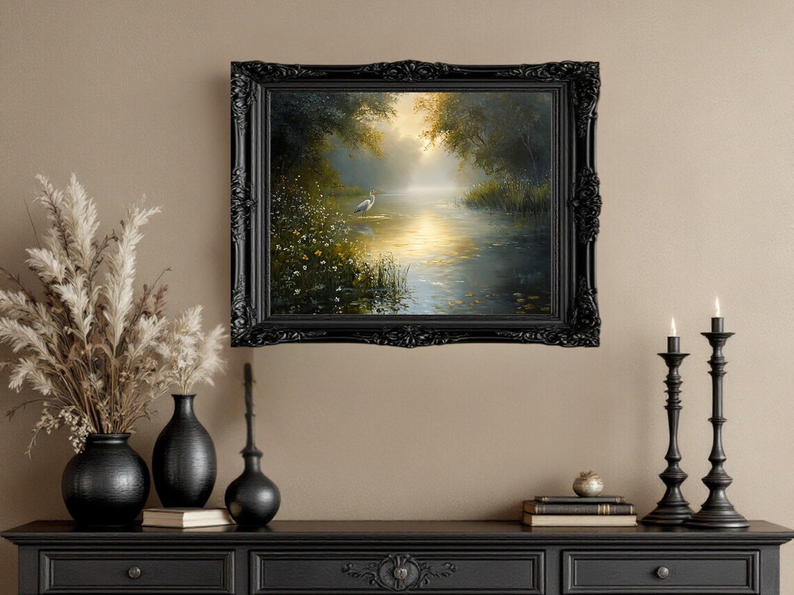Serene Landscape River Scene With Heron Art Print - Image 2