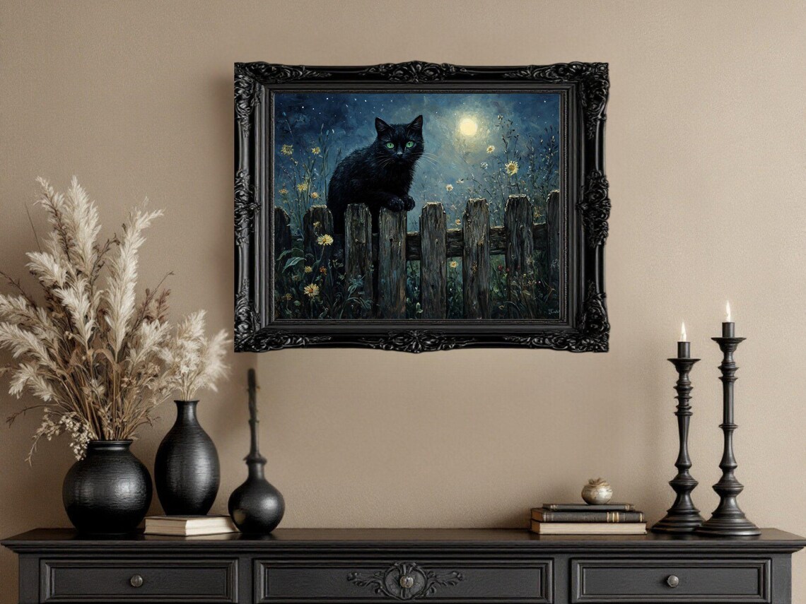 Black Cat On Fence, Moonlit Night Landscape - Image 3
