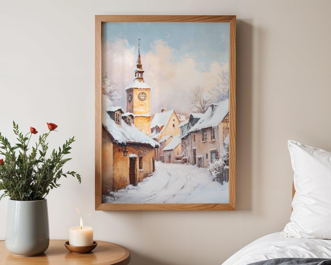 Winter Village Street Scene, Rustic Town Landscape