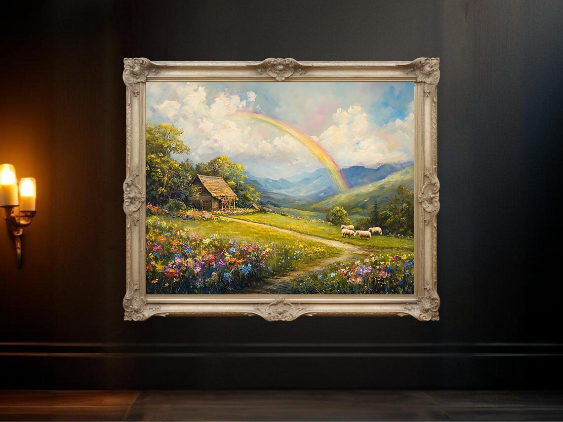 Countryside Cabin Art Print, Rainbow And Sheep Meadow
