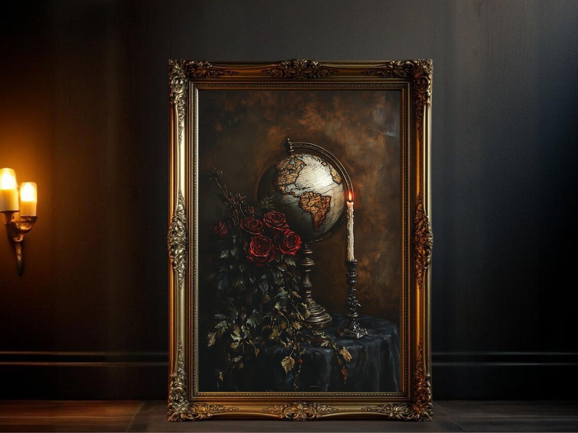 Vintage Oil Painting Globe And Roses, Antique Style