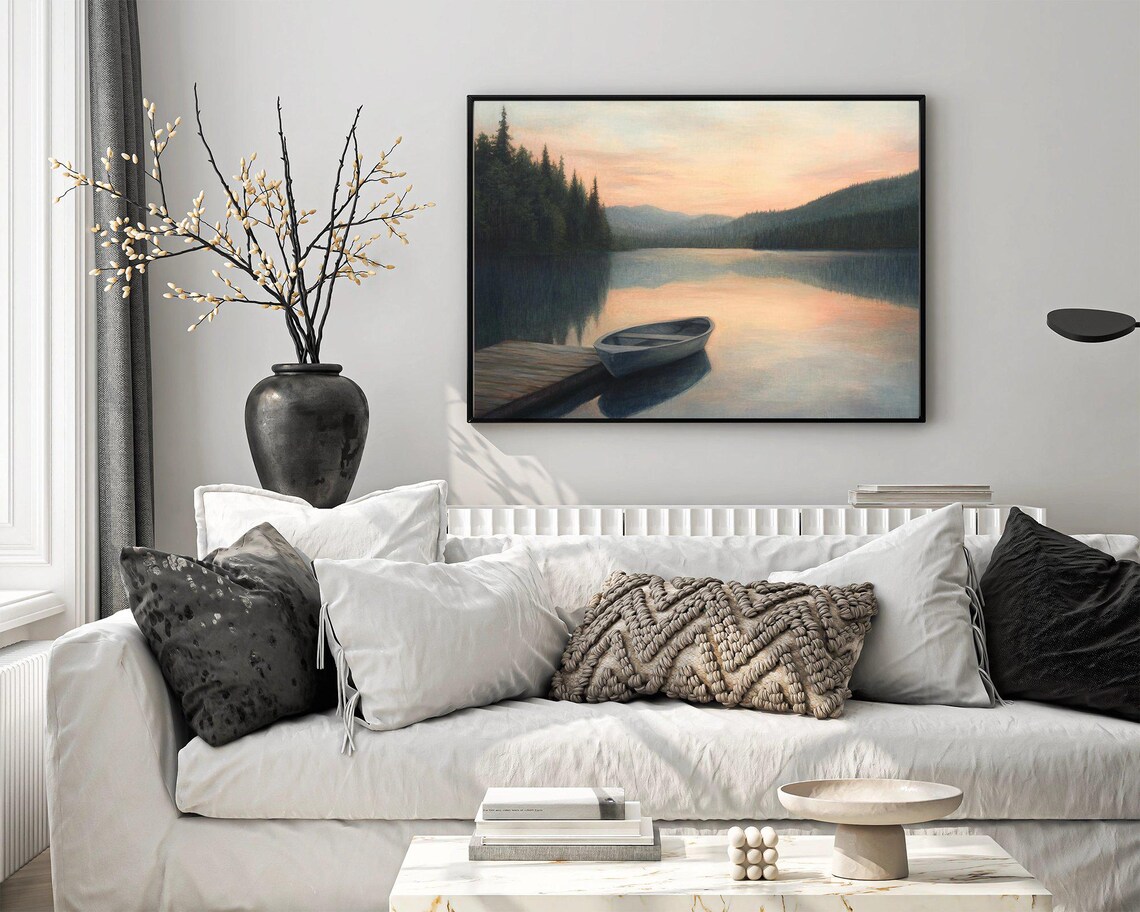 Tranquil Lake Sunset Art Print, Serene Mountains - Image 3