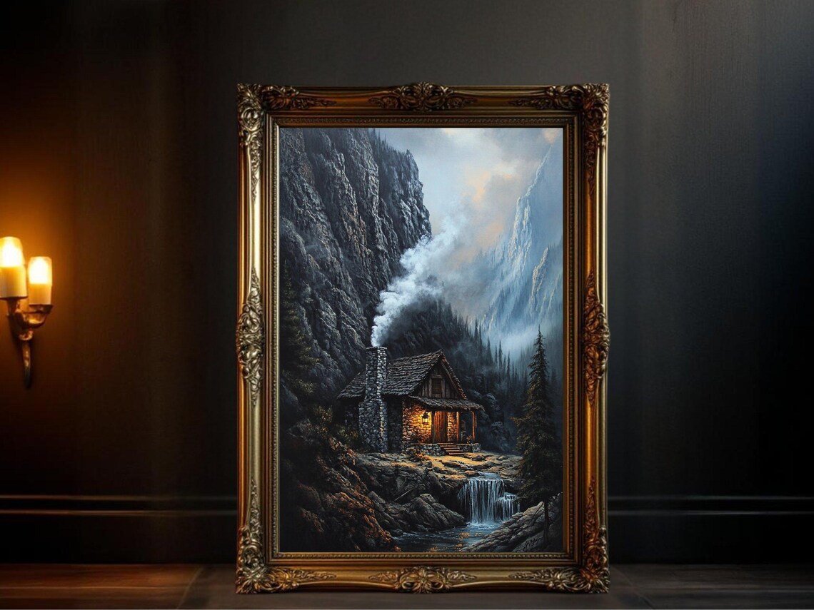 Rustic Mountain Cabin Waterfall Landscape Art Print
