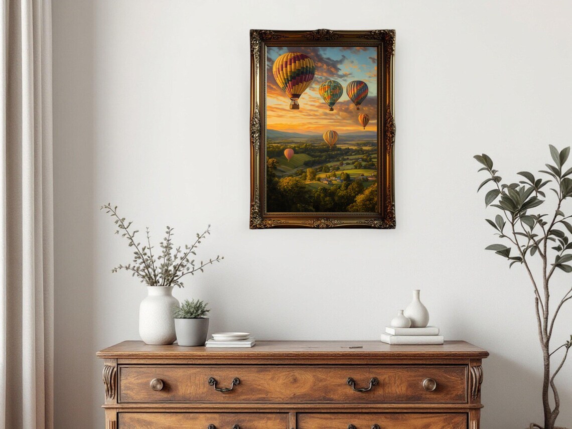Hot Air Balloon Landscape, Scenic Countryside Sunset - Image 2