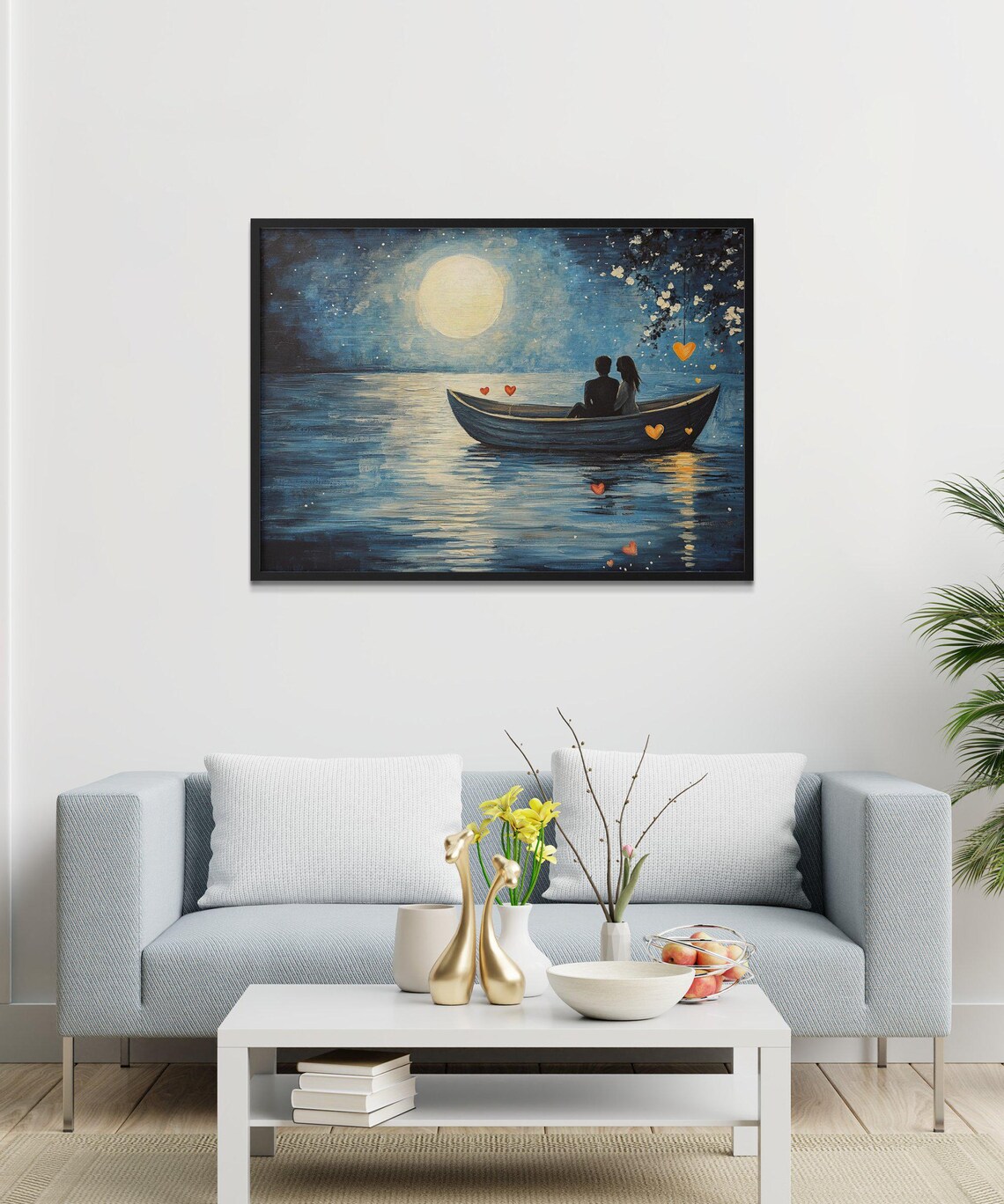 Romantic Boat Ride Under Moonlight, Lake Painting - Image 3