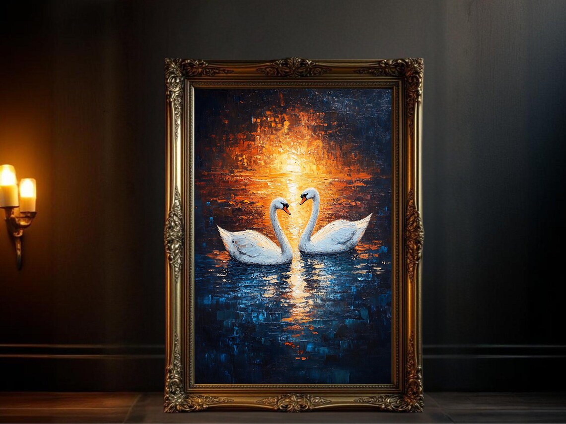 Swan Couple at Sunset, Romantic Lake Scene Art Print