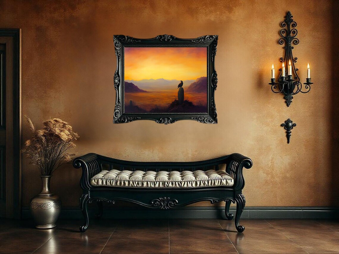 Sunset Desert Landscape, Bird On Cactus Art Print - Image 3