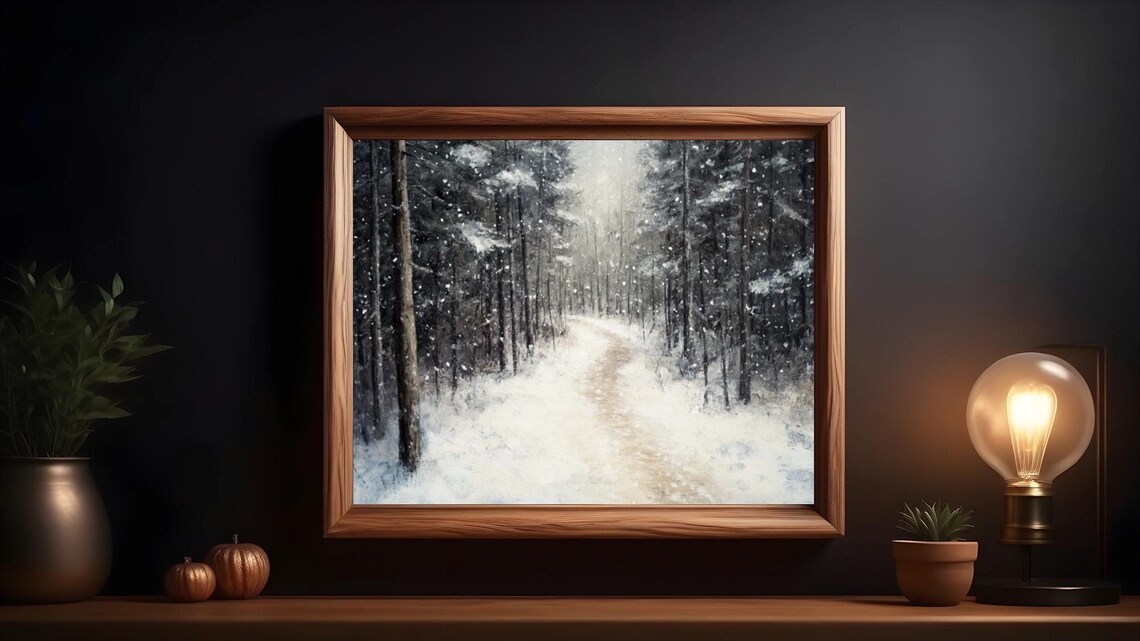 Snowy Forest Path, Serene Winter Scene Art Print