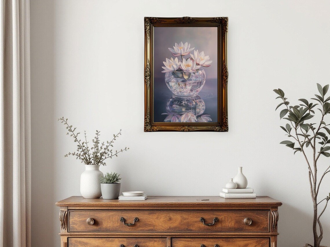 Water Lilies In Glass Bowl, Vintage Oil Painting - Image 3