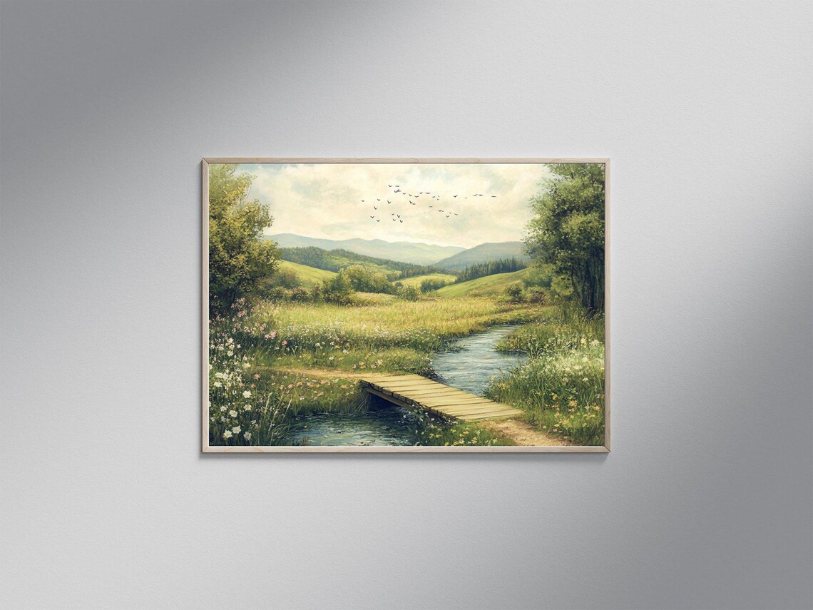 Serene Countryside River With Wooden Bridge, Art Print - Image 3