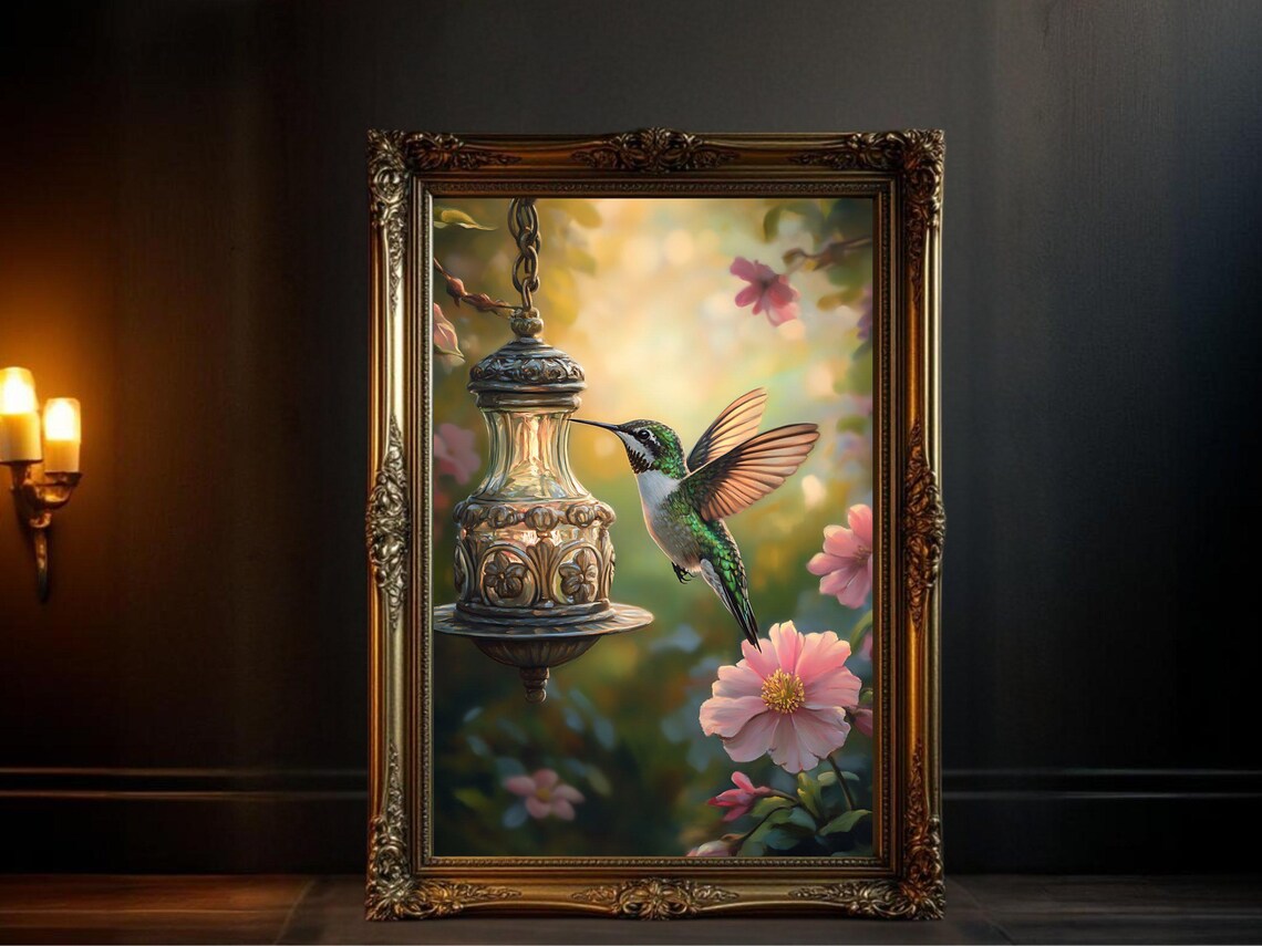 Hummingbird Floral Art Print, Botanical Bird Scene